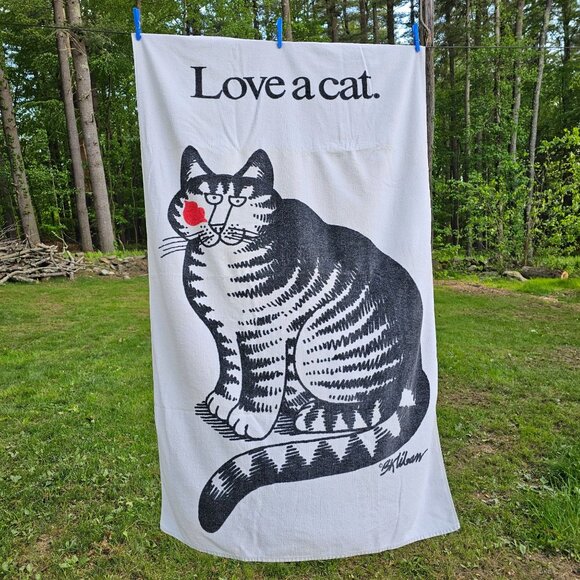 Kliban Vintage Beach Towel, "Love a Cat" Cat Print with Kiss Lips, Made In USA - Picture 1 of 9
